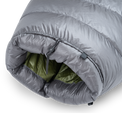 Detailed view of the cinched top neck collar with adjustable cord lock and insulated draft baffle on the Outdoor Vitals StormLoft Down TopQuilt.