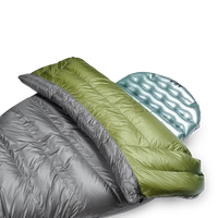 Close-up view of the Outdoor Vitals StormLoft Down TopQuilt pulled down to reveal its soft inner lining, paired with an inflatable sleeping pad setup.