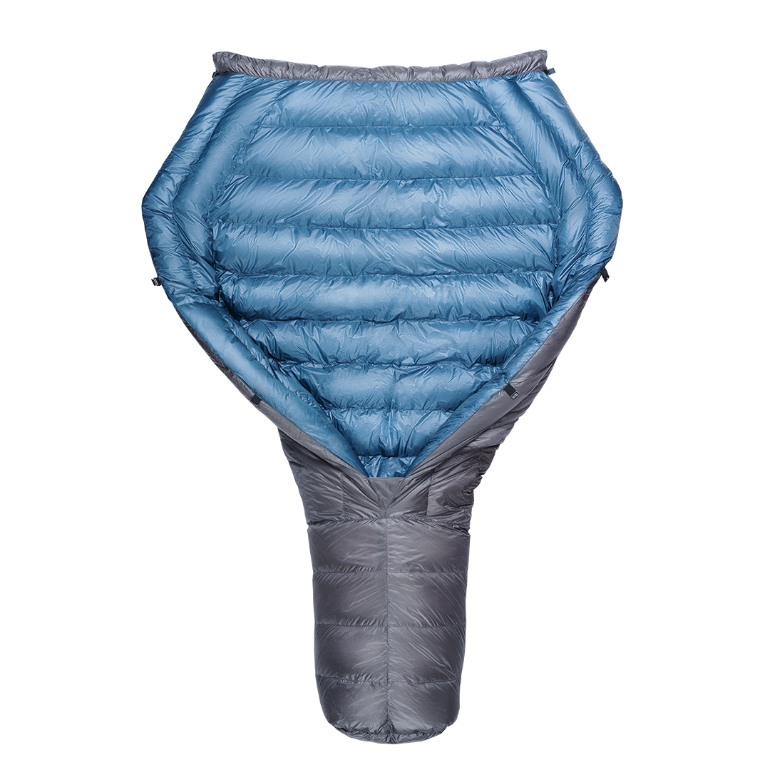 A StormLoft Down TopQuilt, designed for use as a backpacking top quilt to insulate against cold drafts.
