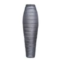 Top view of a backpacking quilt fully closed in a tapered, mummy-style shape with horizontal baffles.