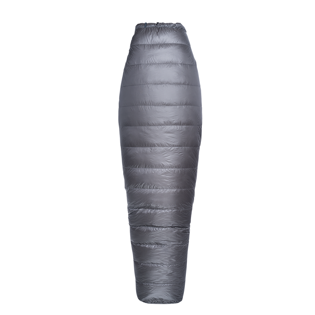 Top view of a backpacking quilt fully closed in a tapered, mummy-style shape with horizontal baffles.