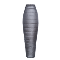 Top view of a backpacking quilt fully closed in a tapered, mummy-style shape with horizontal baffles.
