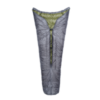 Full view of the Outdoor Vitals StormLoft Down TopQuilt shown from the back, displaying its open-back design, pad attachment points, and tapered footbox.
