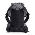 Rear view of the Shadowlight 60 ultralight backpack highlighting the ventilated back panel, shoulder straps, and padded hip belt.