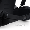 Close-up of the Shadowlight 60 backpack hip belt buckle and strap cinch system for adjusting fit and load distribution.