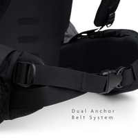 Close-up of the Shadowlight 60 backpack hip belt buckle and strap cinch system for adjusting fit and load distribution.