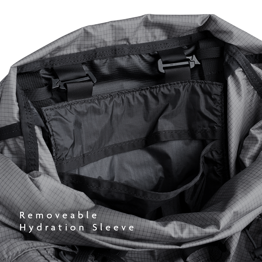 Interior view of the Shadowlight 60 backpack showing hydration bladder sleeve and clip for hydration system compatibility.
