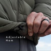 Close-up of a hand tightening the adjustable hem drawcord on the Outdoor Vitals Vantage Alpine Down Jacket.