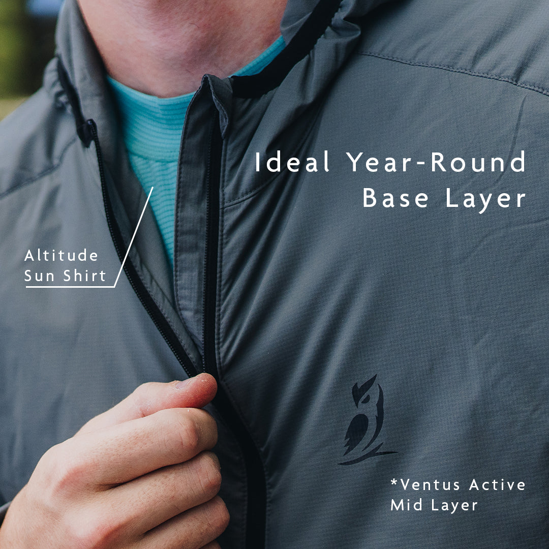 Turquoise - close up showing a person wearing a mid layer over sun shirt to demonstrate use as a base layer