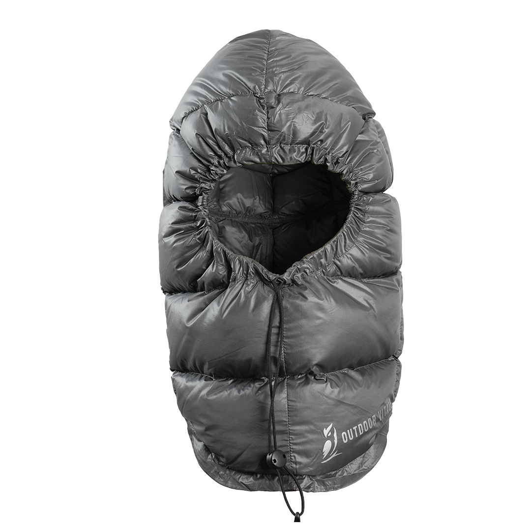 Front view of Outdoor Vitals down insulated ultralight balaclava with cinched face opening.