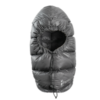 Front view of Outdoor Vitals down insulated ultralight balaclava with cinched face opening.