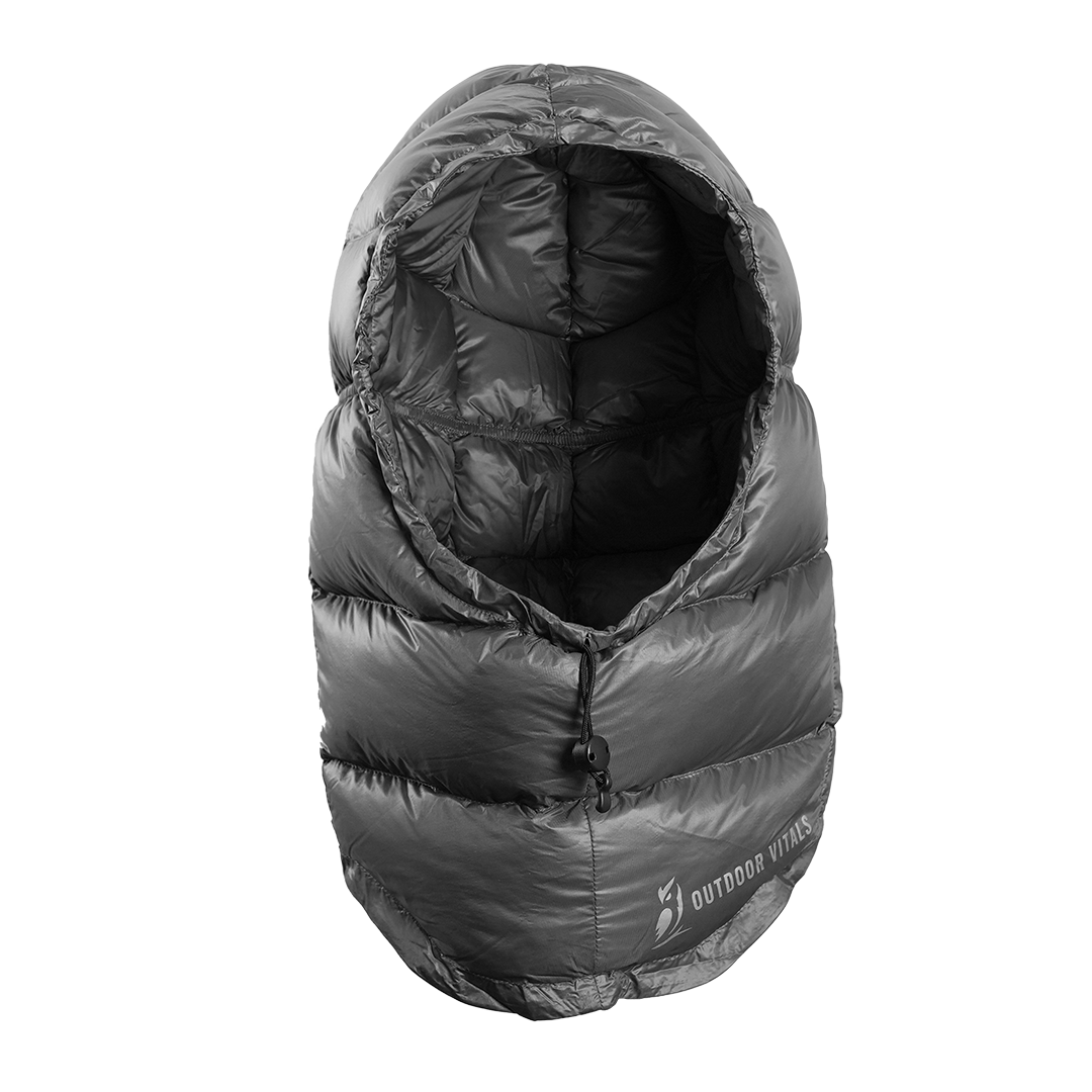 Front view of gray Outdoor Vitals down insulated ultralight balaclava.