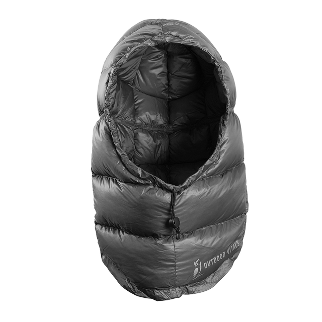 Front view of gray Outdoor Vitals down insulated ultralight balaclava.