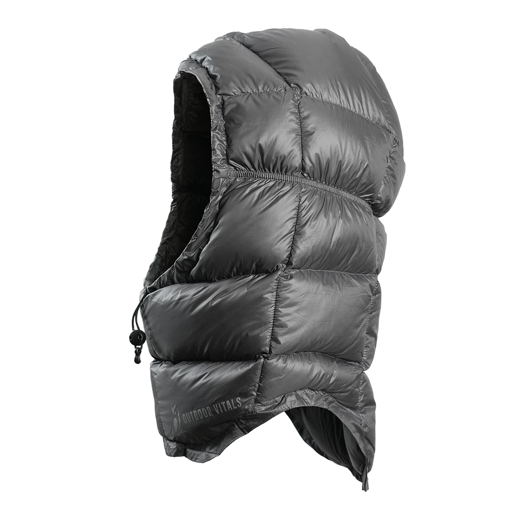 Side view of Outdoor Vitals down insulated balaclava with face opening.
