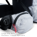 Close-up of large hip belt pocket on backpack designed for one-handed access.