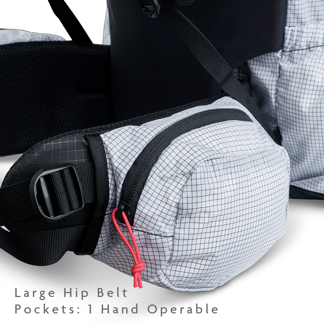 Close-up of large hip belt pocket on backpack designed for one-handed access.