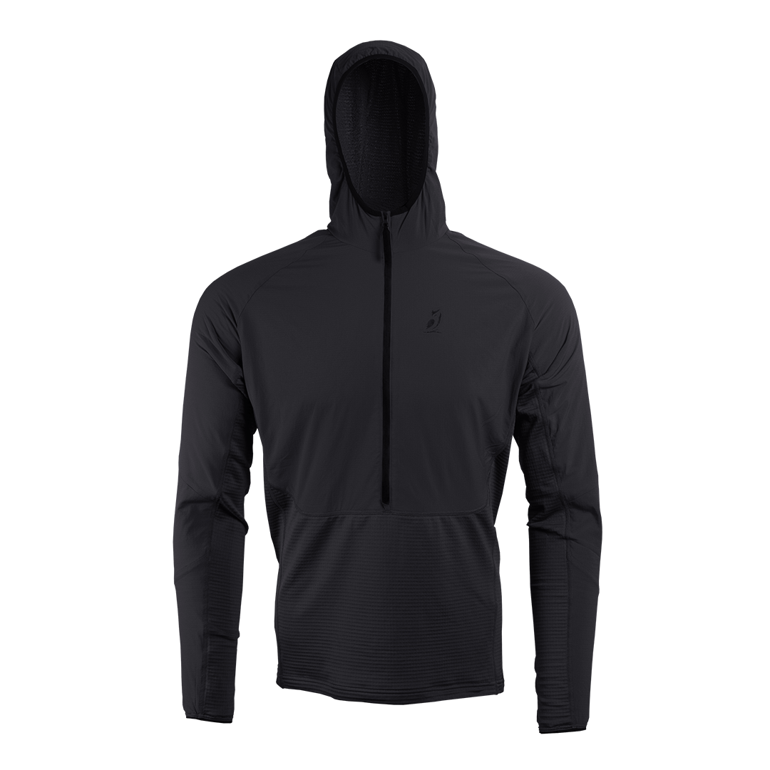front view of men's fleece mid layer hoodie for hiking & backpacking