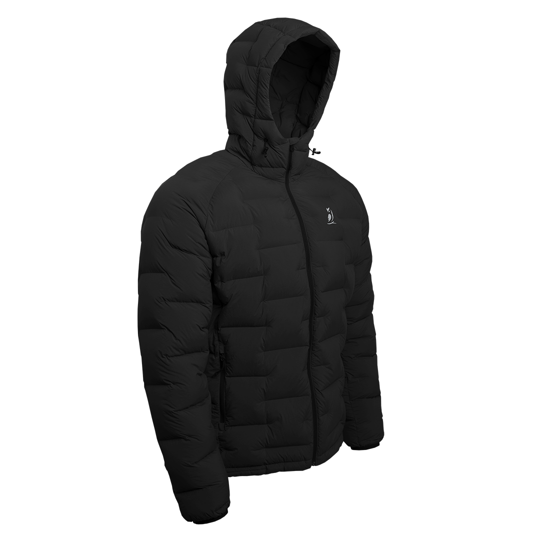 Outdoor Vitals Vantage Alpine Down Jacket – angled front view with hood, ultralight insulated puffer for backpacking and alpine adventures