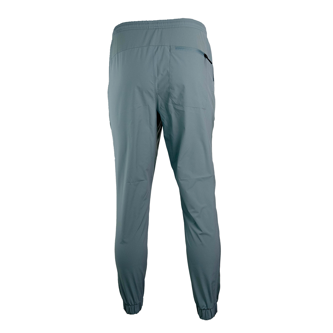 rear view of men's trail pants with elastic cuffs
