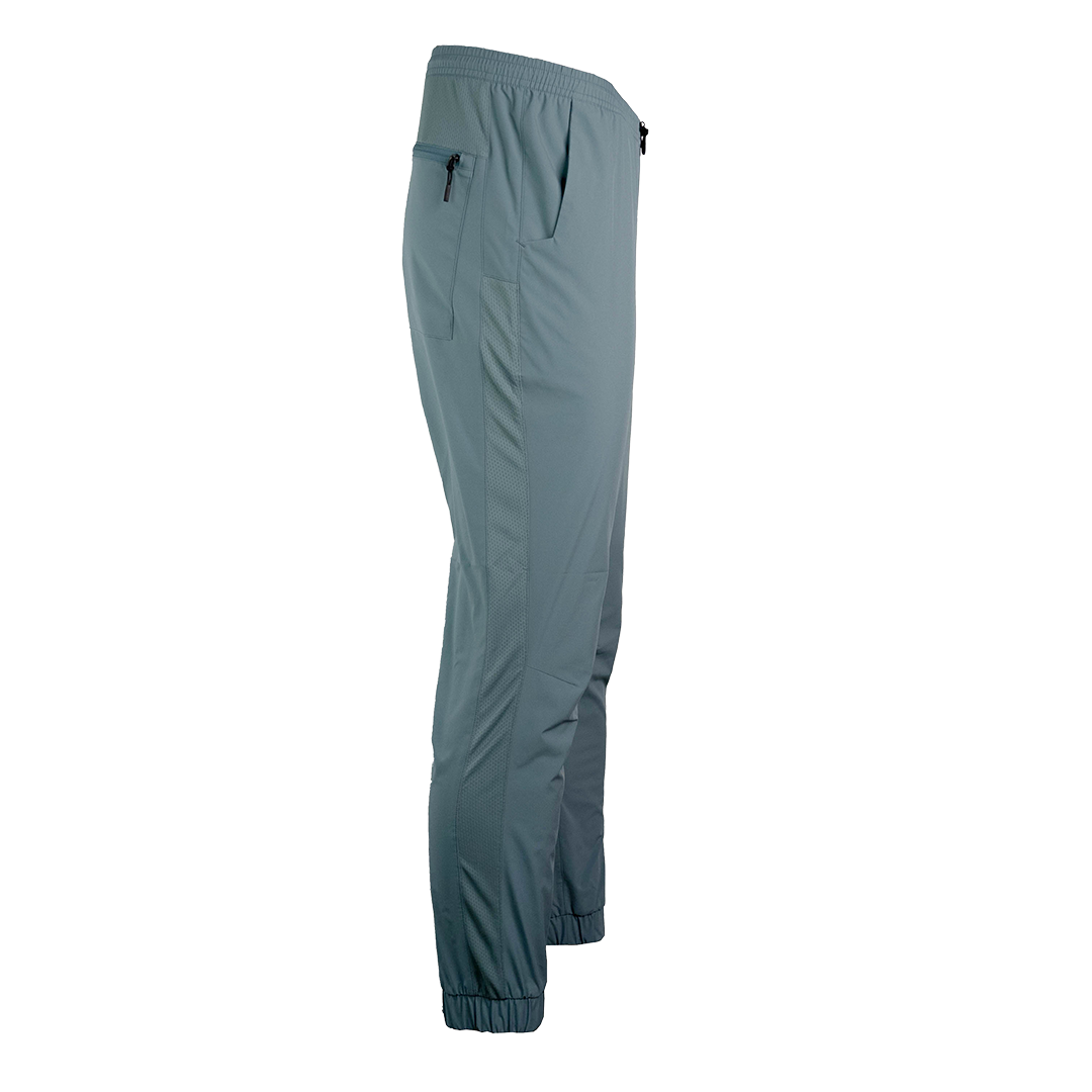 side view of men's hiking pants with full length side vent