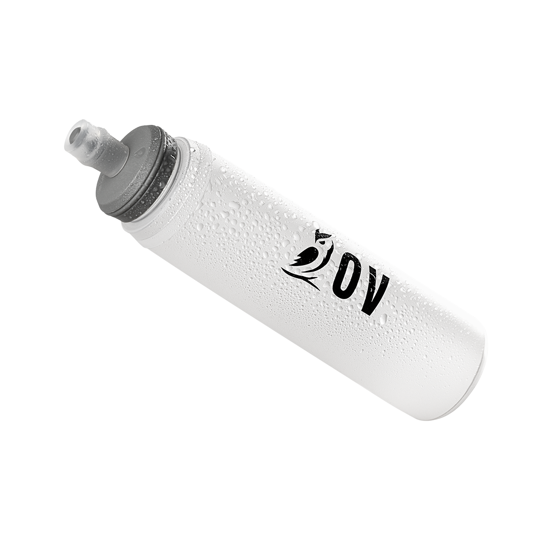 Angled product view of the Outdoor Vitals logo-branded soft flask with condensation droplets, high-lighting the screw cap and bite valve for the Skyline 30 Fastpack hydration system.