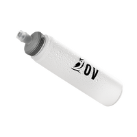Angled product view of the Outdoor Vitals logo-branded soft flask with condensation droplets, high-lighting the screw cap and bite valve for the Skyline 30 Fastpack hydration system.