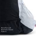 Close-up of backpack reinforced bottom panel fabric for abrasion resistance.
