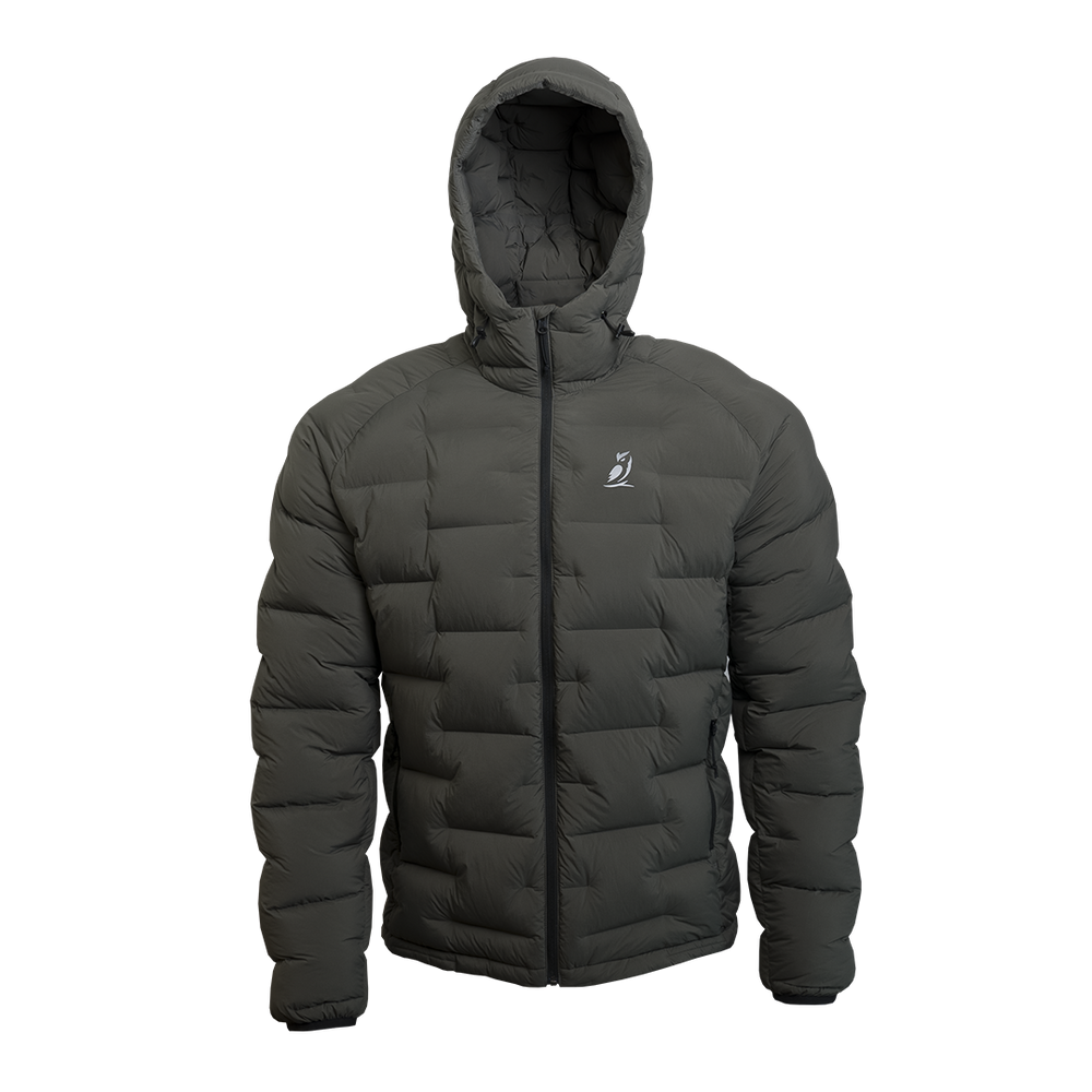 Outdoor Vitals Vantage Alpine Down Jacket – straight front view with hood, alpine-ready ultralight insulation