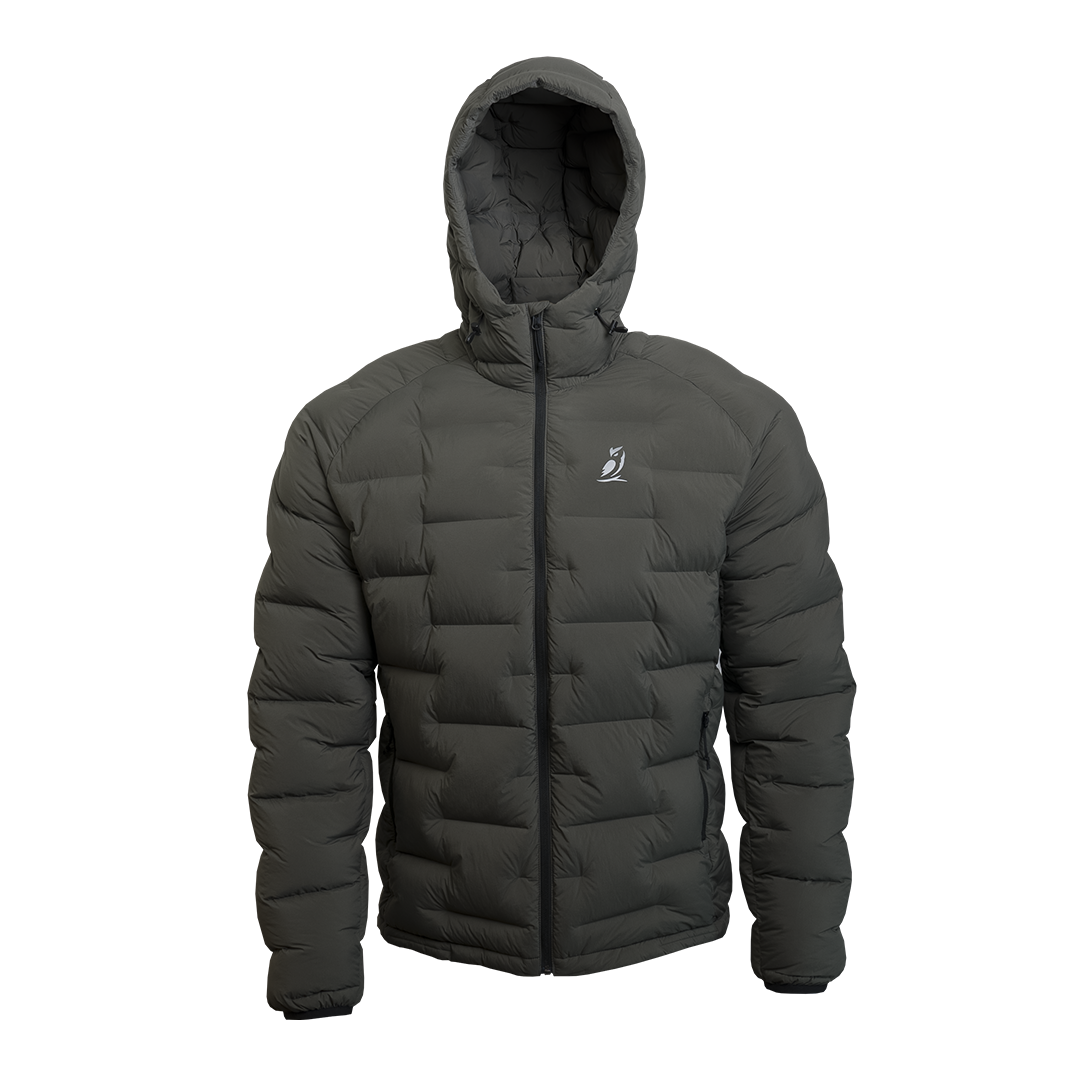Outdoor Vitals Vantage Alpine Down Jacket – straight front view with hood, alpine-ready ultralight insulation