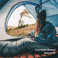 hiker sits inside green 0 degree quilt in tent looking out the door. Callout text says, "Comfort Rated Warmth."