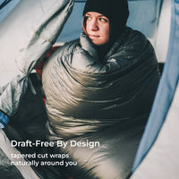 red 30 degree quilt wrapped around woman inside tent