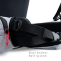 Close-up of backpack hip belt showing dual anchor belt system for improved load transfer.