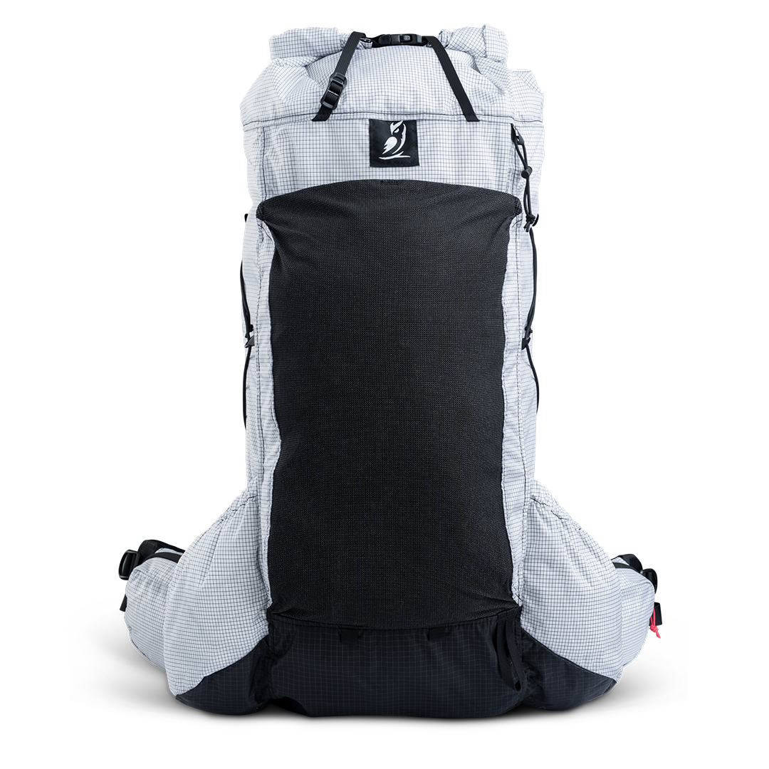 Front view of ultralight backpack with large stretch front pocket and roll-top closure.