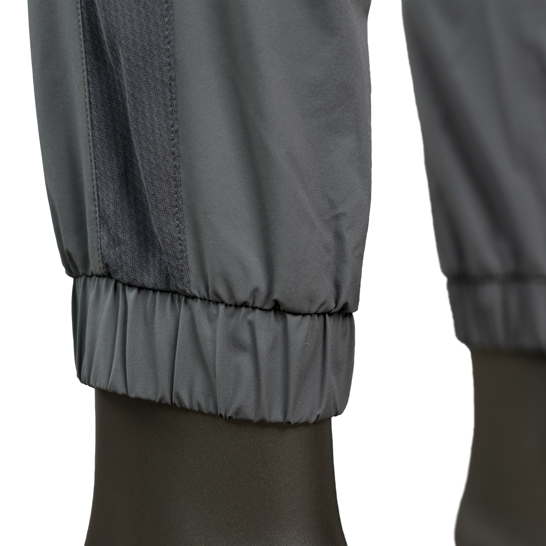 close view of elastic hem at the bottom of jogger pant legs