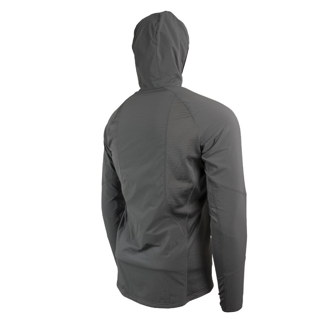 Angled rear view of men's fleece mid layer