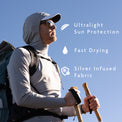 Gray - hiker wearing gray sun hoodie in the sunlight