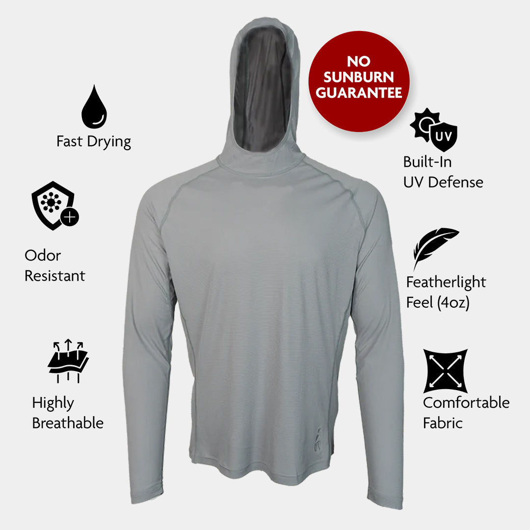 Gray Hoodie with features listed on a white background