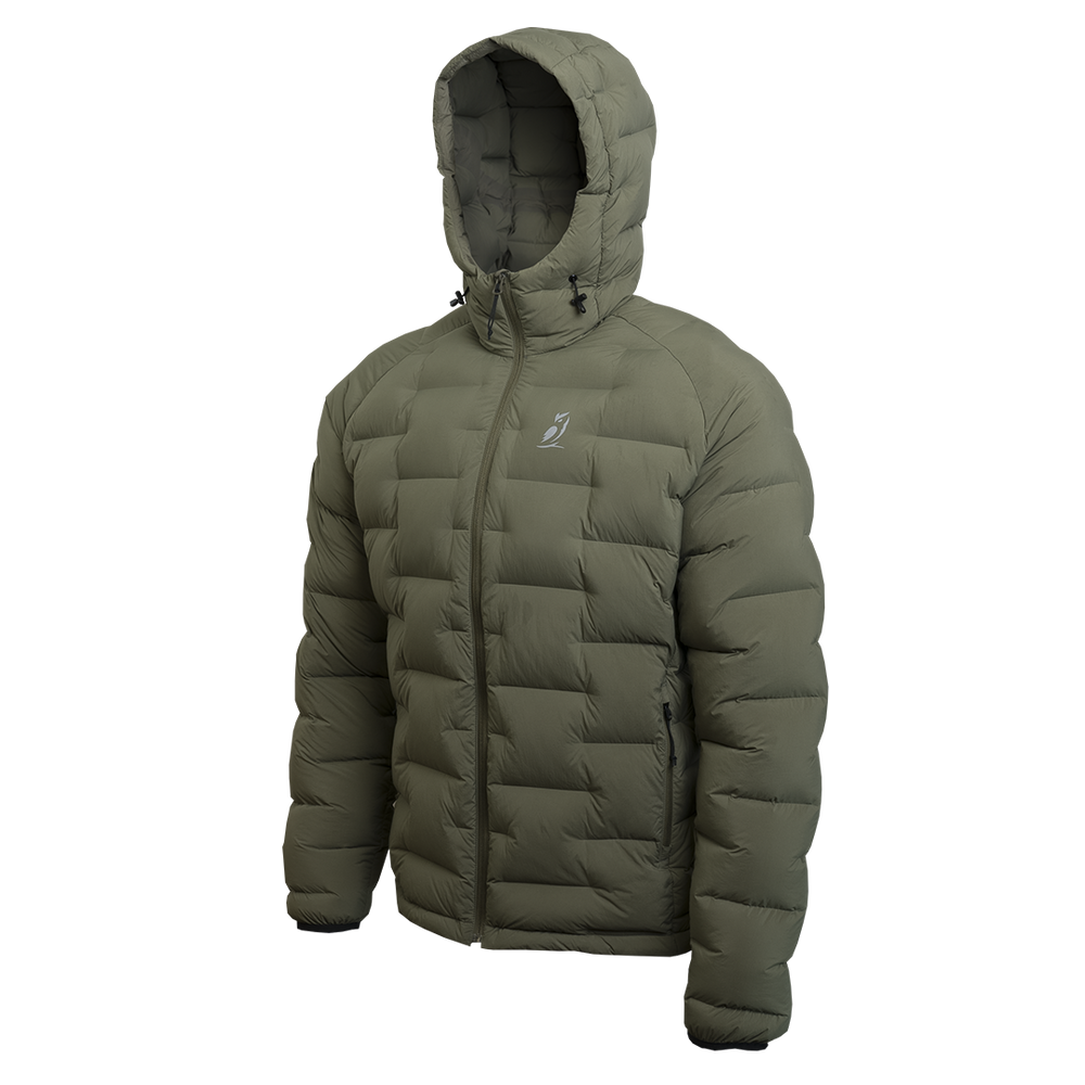Outdoor Vitals Vantage Alpine Down Jacket – angled left front view, ultralight insulated puffer for cold weather hiking