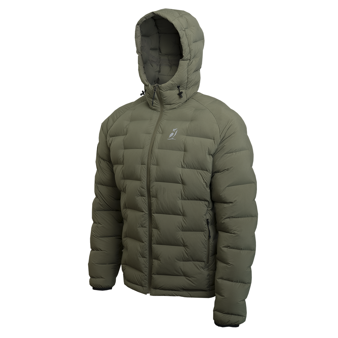 Outdoor Vitals Vantage Alpine Down Jacket – angled left front view, ultralight insulated puffer for cold weather hiking