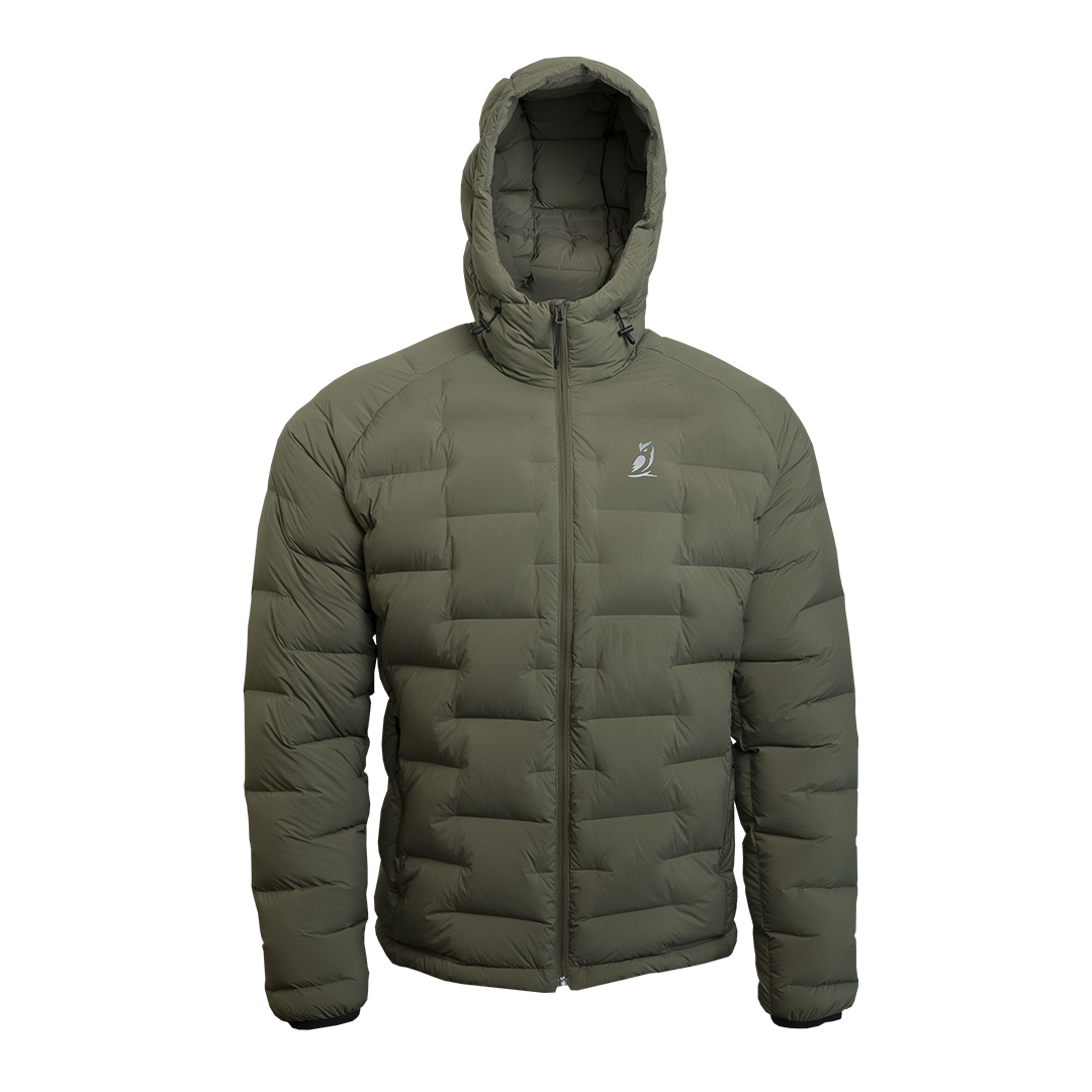 Outdoor Vitals Vantage Alpine Down Jacket – front view with hood, lightweight alpine insulation for backpacking