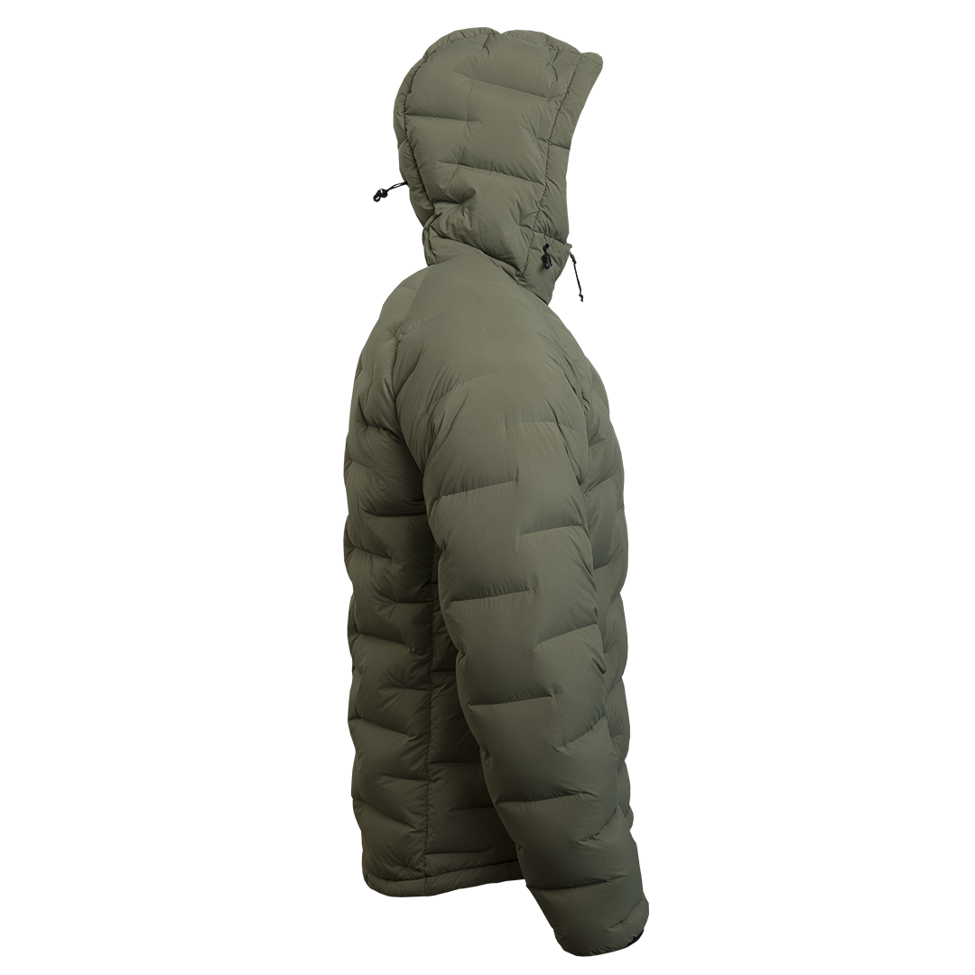 Outdoor Vitals Vantage Alpine Down Jacket – left side profile view with hood, ultralight zero stitch down jacket