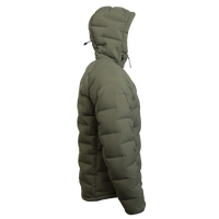 Outdoor Vitals Vantage Alpine Down Jacket – left side profile view with hood, ultralight zero stitch down jacket