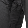 Extreme close-up of the breathable mesh inseam gusset and flatlock stitching on Outdoor Vitals Highline Thermal Leggings.