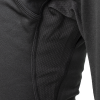 Extreme close-up of the breathable mesh inseam gusset and flatlock stitching on Outdoor Vitals Highline Thermal Leggings.