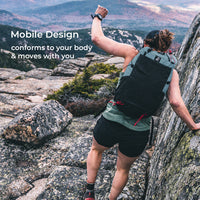 backpacker moves quickly down rocky mountain terrain. Text on screen says, "Mobile Design - conforms to your body & moves with you."