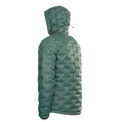 Angled rear view of a Outdoor Vitals insulated hooded jacket, featuring quilted baffles
