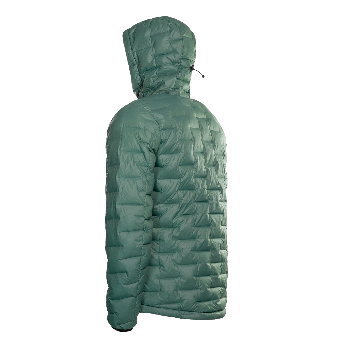 Angled rear view of a Outdoor Vitals insulated hooded jacket, featuring quilted baffles
