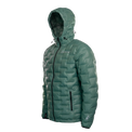 Angled front view of a Outdoor Vitals insulated hooded jacket, featuring quilted baffles and a full-length zipper.