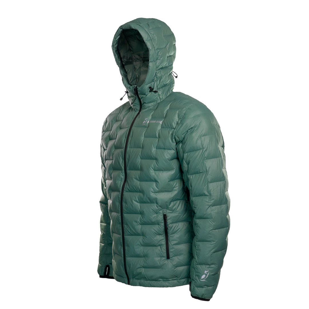 Angled front view of a Outdoor Vitals insulated hooded jacket, featuring quilted baffles and a full-length zipper.