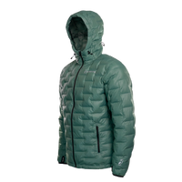 Angled front view of a Outdoor Vitals insulated hooded jacket, featuring quilted baffles and a full-length zipper.